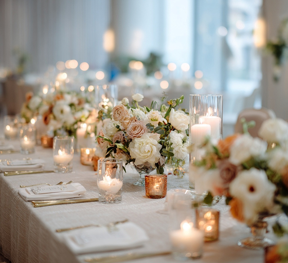Festlich gedeckte Hochzeitstafel mit Blumen und Kerzen