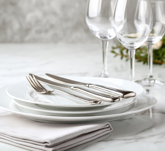 Eingedeckter Tisch mit Geschirr und Besteck für eine Veranstaltung